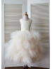 Champagne Lace Ruffle Tulle Tea Length Flower Girl Dress